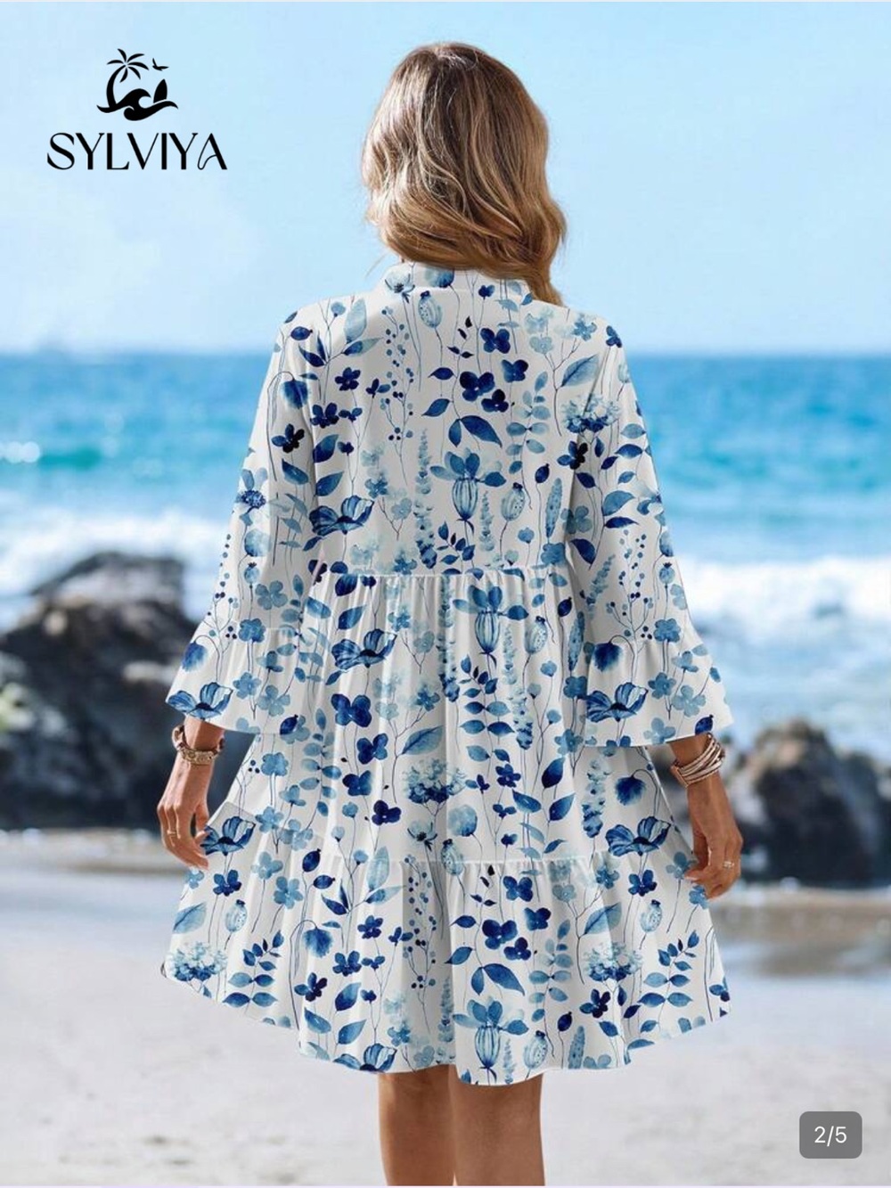 SHEIN White and Blue Floral Tiered Mini Dress - Picture 6 of 8
